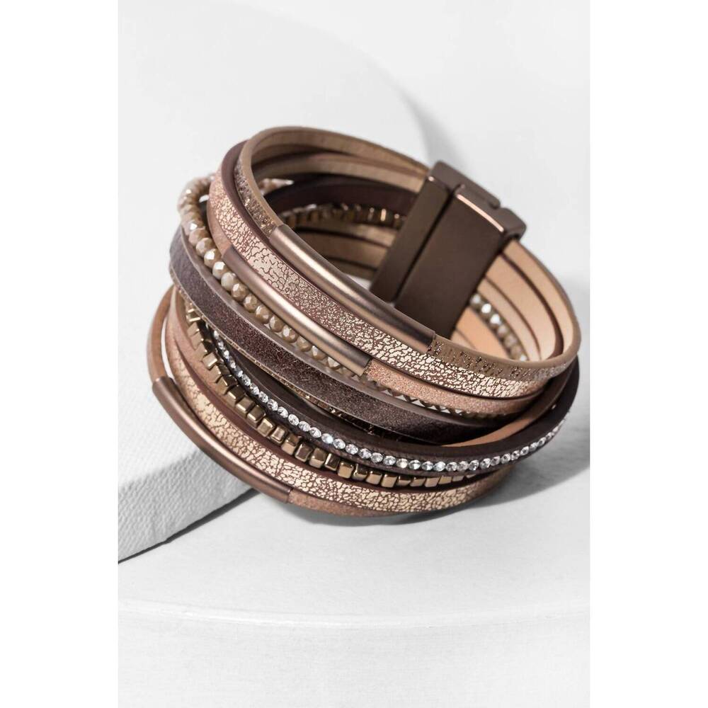 NEW SAACHI women's glimmer beads stackable leather bracelet in bronze